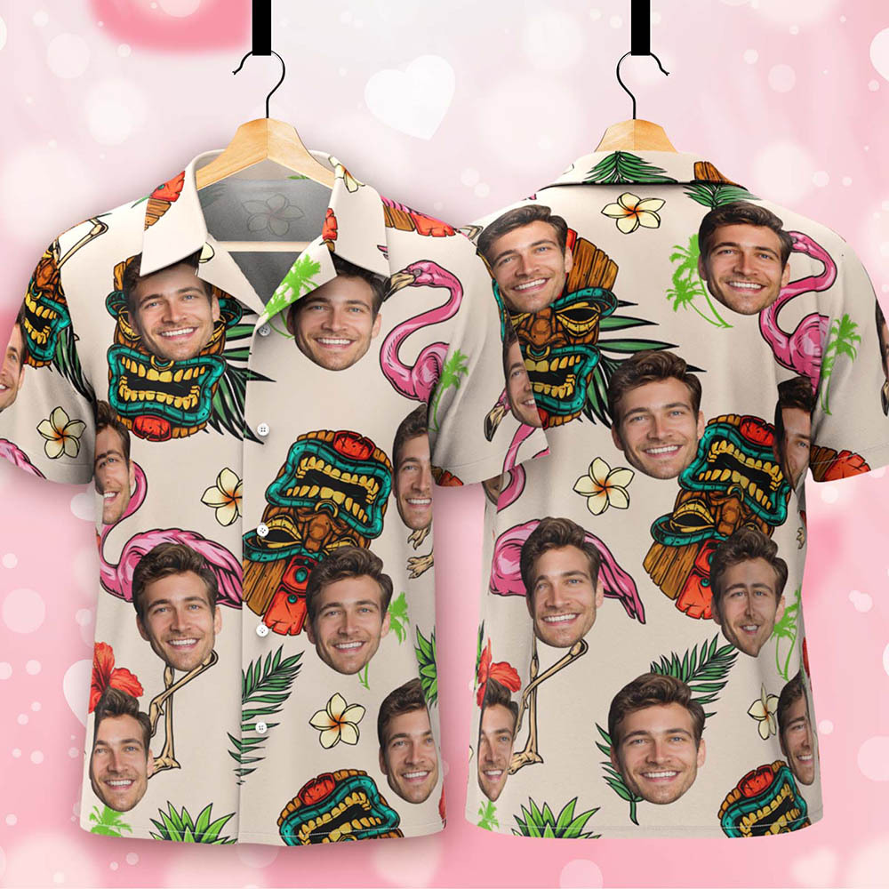 Custom Face Hawaiian Shirt White with Tropical Icons Tiki & Flamingo Fun Personalized Beach Look - yourphotoblanketuk