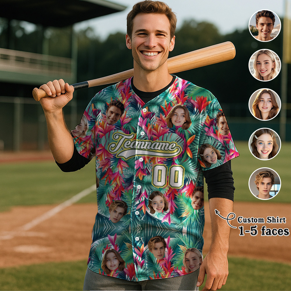Custom Hawaiian Baseball Jersey with Face Teamname Name Number Personalized Hawaii Floral Shirt for Men Women - yourphotoblanketuk