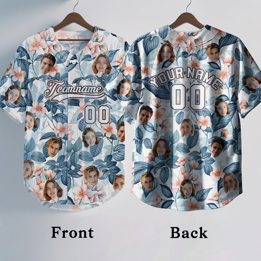 Custom Hawaiian Baseball Jersey with Face Teamname Name Number Personalized Hawaii Floral Shirt for Men Women - yourphotoblanketuk
