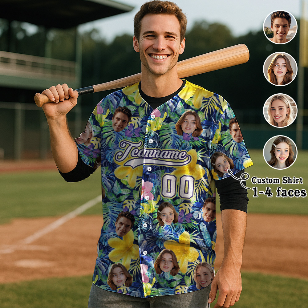 Custom Hawaiian Baseball Jersey with Face Teamname Name Number Personalized Hawaii Floral Shirt for Men Women - yourphotoblanketuk