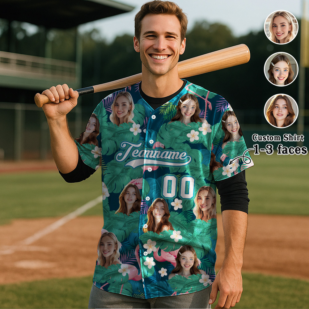 Custom Hawaiian Baseball Jersey with Face Teamname Name Number Personalized Hawaii Floral Shirt for Men Women - yourphotoblanketuk