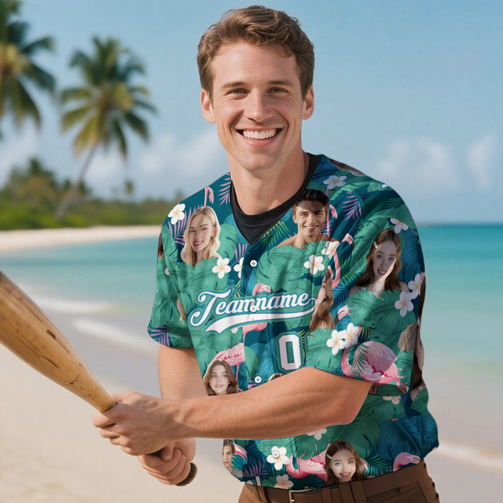 Custom Hawaiian Baseball Jersey with Face Teamname Name Number Personalized Hawaii Floral Shirt for Men Women - yourphotoblanketuk