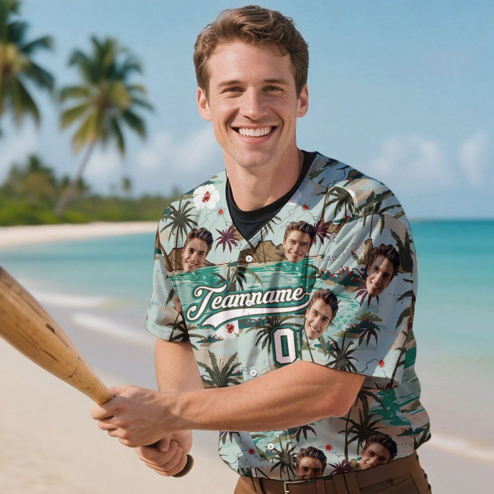 Custom Hawaiian Baseball Jersey with Face Teamname Name Number Personalized Hawaii Floral Shirt for Men Women - yourphotoblanketuk