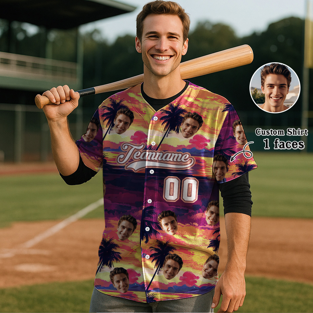 Custom Hawaiian Baseball Jersey with Face Teamname Name Number Personalized Hawaii Floral Shirt for Men Women - yourphotoblanketuk