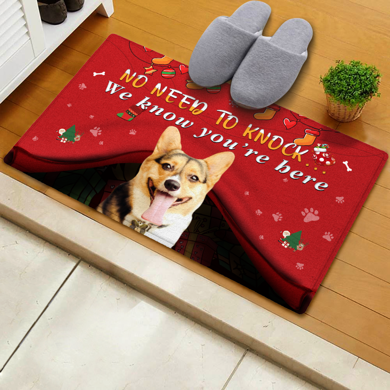 Custom Pet Christmas Doormat No Need to Knock with Your Puppy's Photo