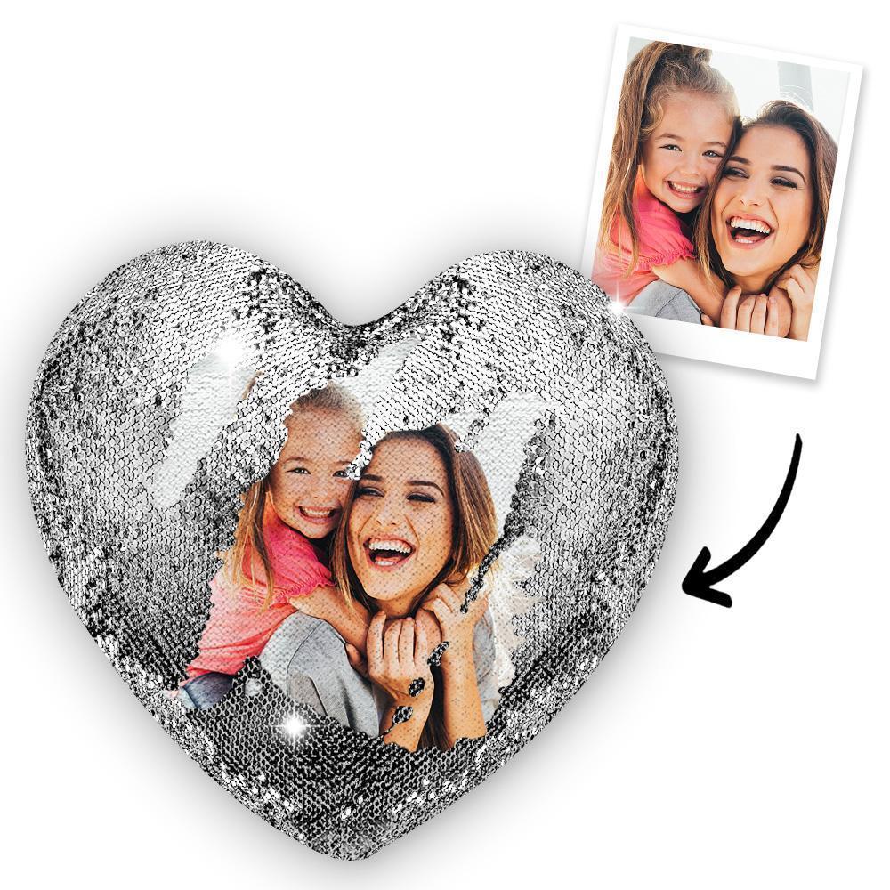 Custom Photo Heart Magic Sequins Pillow Multicolor Sequin Cushion