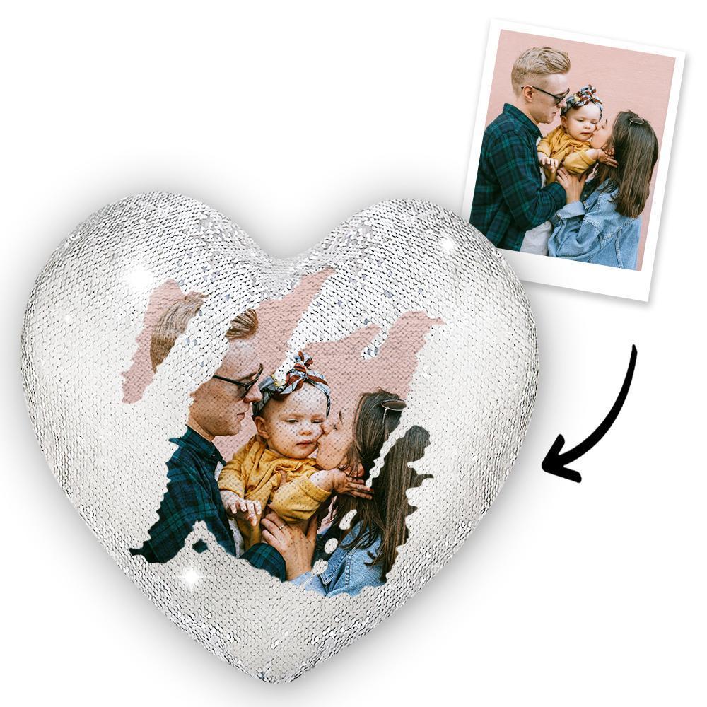 Gifts for Her Custom Photo Magic Heart Sequin Cushion Pillow