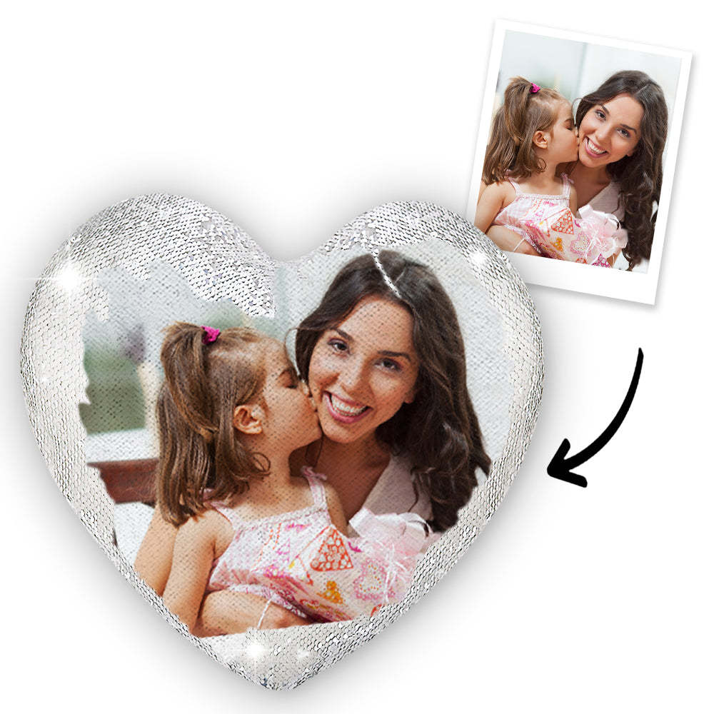 Gifts for  Her Custom Photo Magic Heart Sequin Cushion Pillow