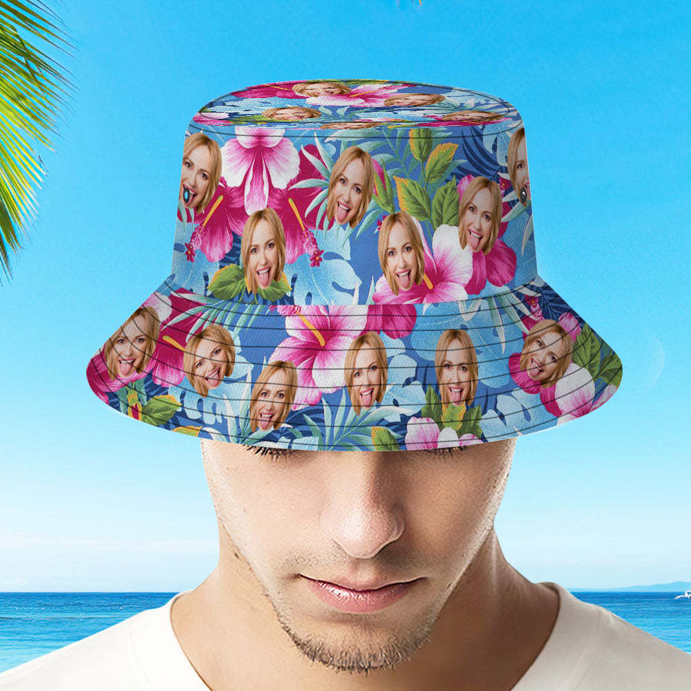 Custom Bucket Hat Personalized Face All Over Print Tropical Flower Print Hawaiian Fisherman Hat - Pink Flowers - yourphotoblanketuk