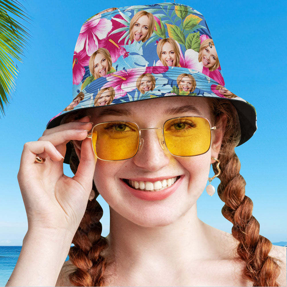 Custom Bucket Hat Personalized Face All Over Print Tropical Flower Print Hawaiian Fisherman Hat - Pink Flowers - yourphotoblanketuk