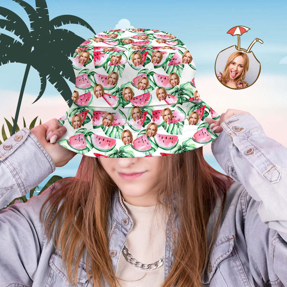 Custom Bucket Hat Personalized Face All Over Print Tropical Flower Print Hawaiian Fisherman Hat - Watermelon - yourphotoblanketuk