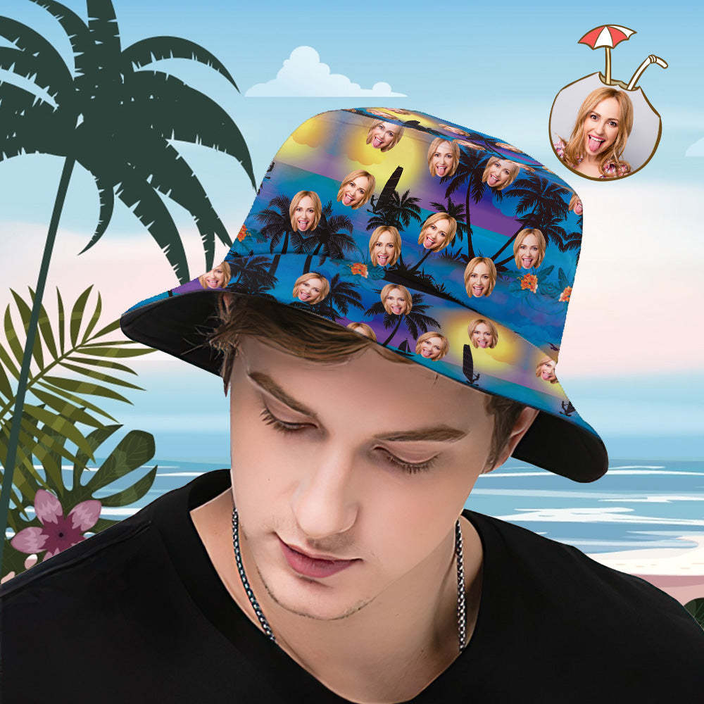 Custom Bucket Hat Personalized Face All Over Print Tropical Flower Print Hawaiian Fisherman Hat - Seaside at Dusk - yourphotoblanketuk