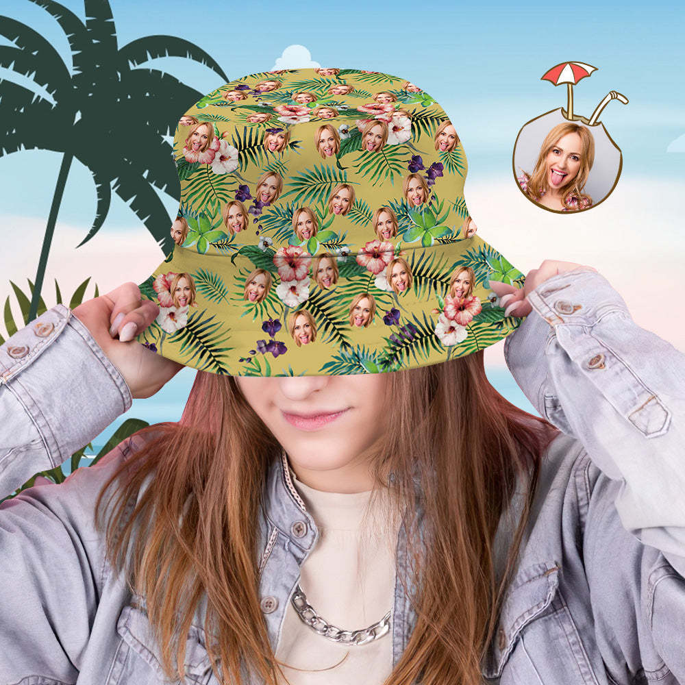 Custom Bucket Hat Personalized Face All Over Print Tropical Flower Print Hawaiian Fisherman Hat - Yellow - yourphotoblanketuk