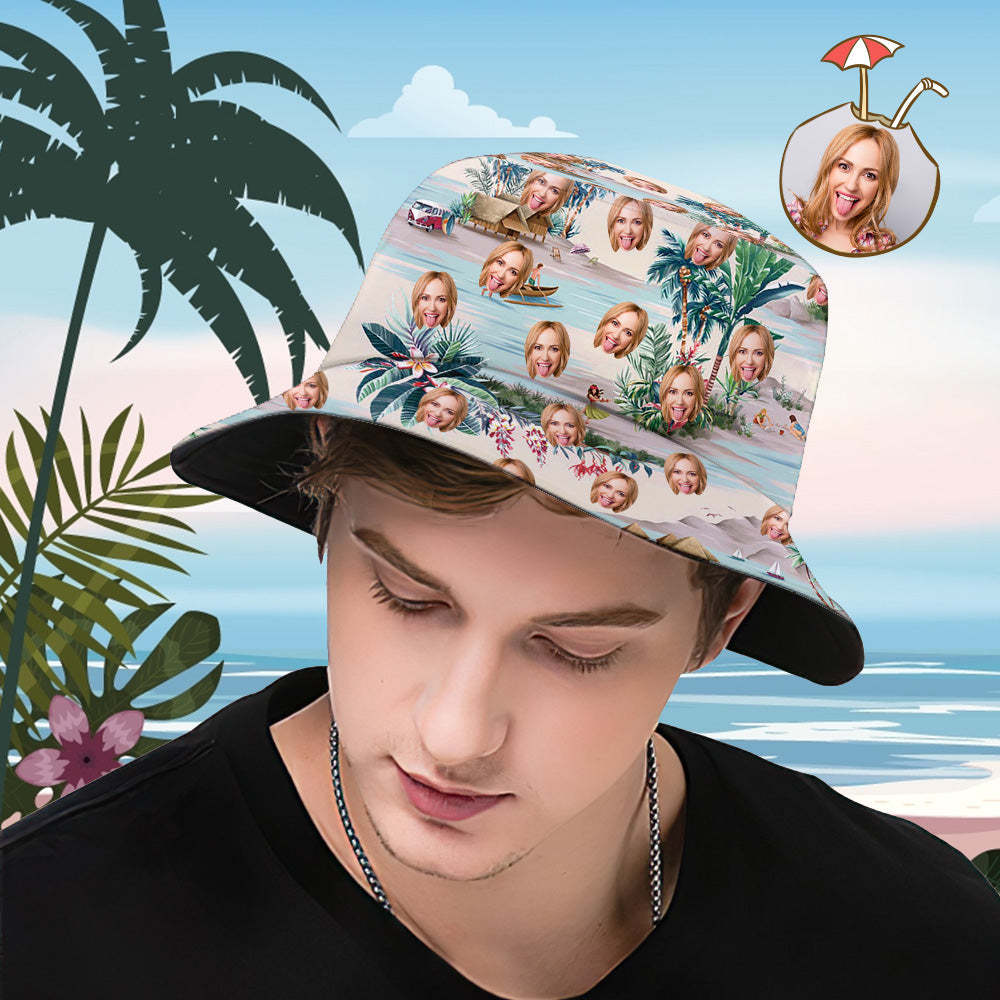 Custom Bucket Hat Personalized Face All Over Print Tropical Flower Print Hawaiian Fisherman Hat - Sea View - yourphotoblanketuk
