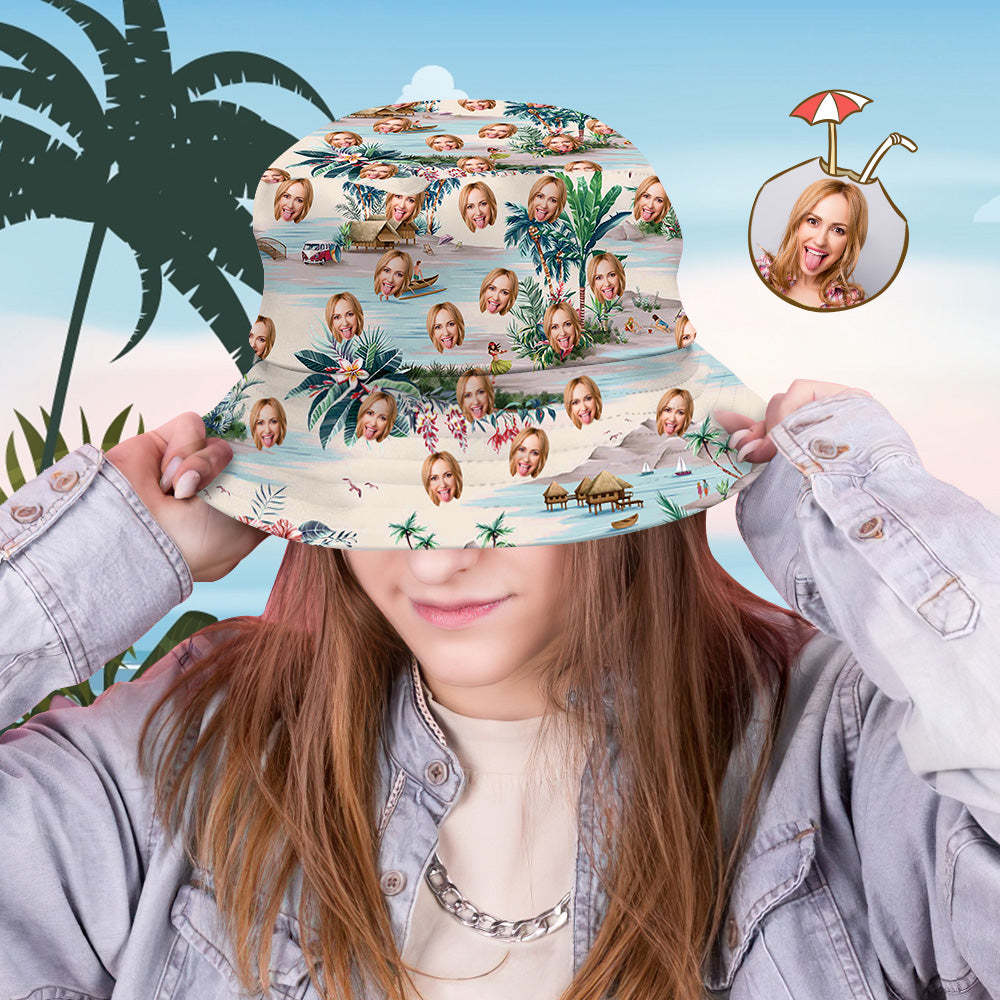 Custom Bucket Hat Personalized Face All Over Print Tropical Flower Print Hawaiian Fisherman Hat - Sea View - yourphotoblanketuk