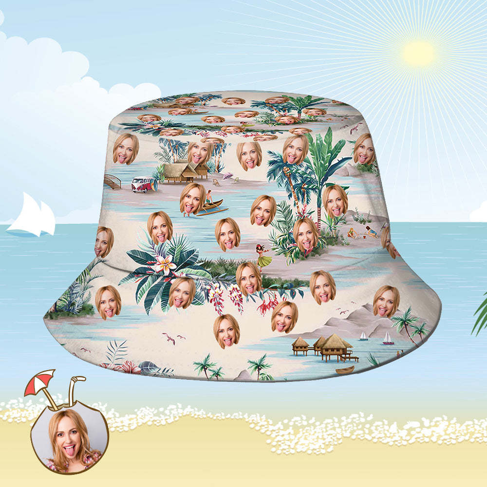 Custom Bucket Hat Personalized Face All Over Print Tropical Flower Print Hawaiian Fisherman Hat - Sea View - yourphotoblanketuk