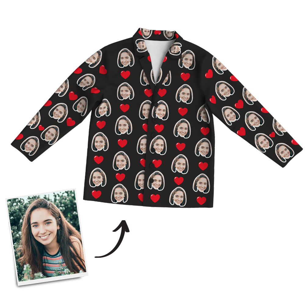 Custom Photo Long Sleeve Pajama Top, Sleepwear, Nightwear, Lounge Wear - Heart