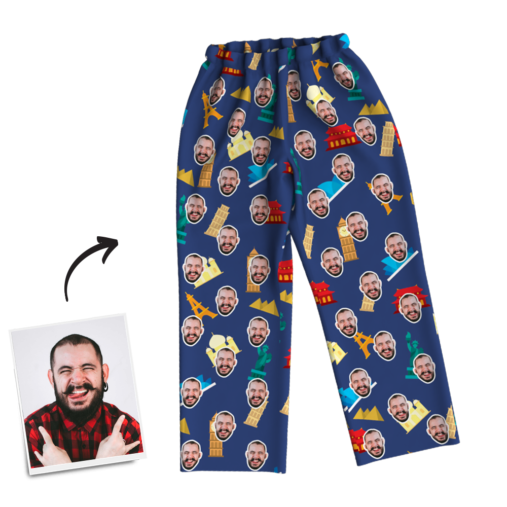 Custom Face Photo Pajama Pants Travel Around The World, Nightwear, Lounge Wear