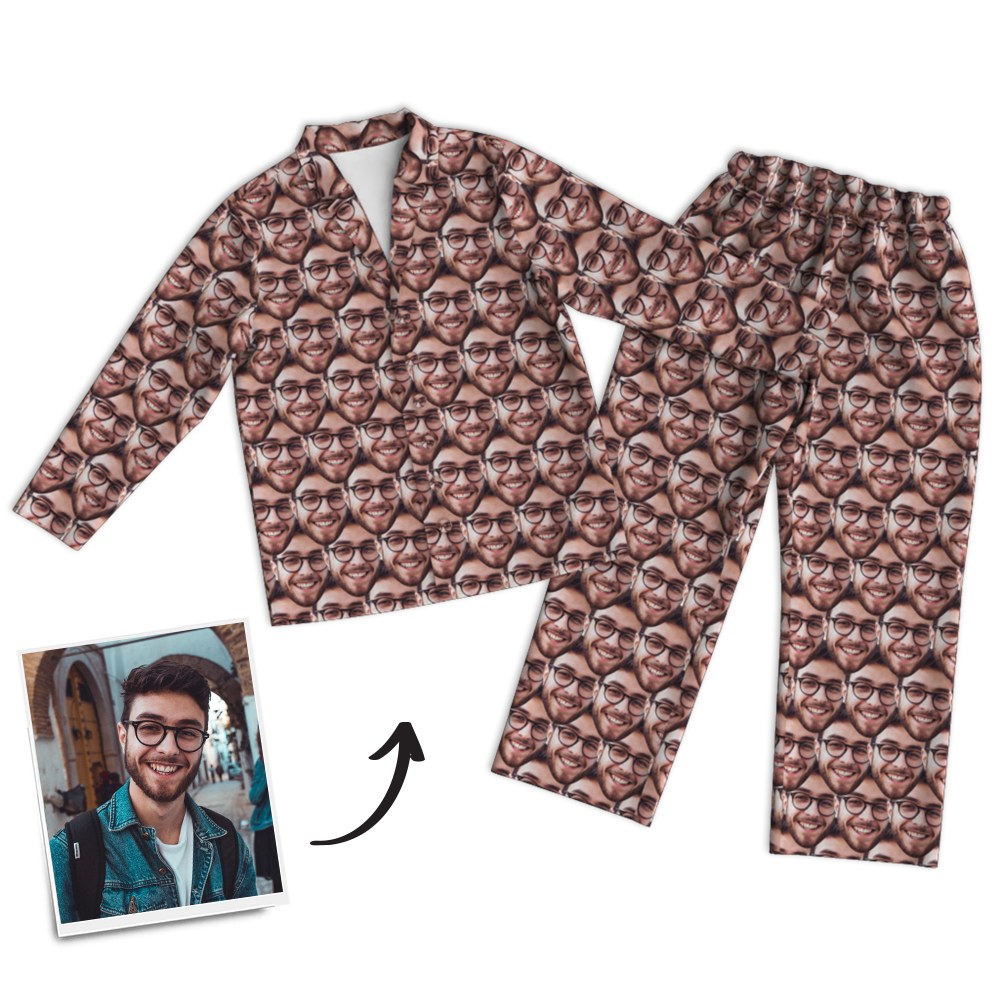 Custom Photo Face Mash Long Sleeve Pajamas, Sleepwear, Nightwear, Lounge Wear