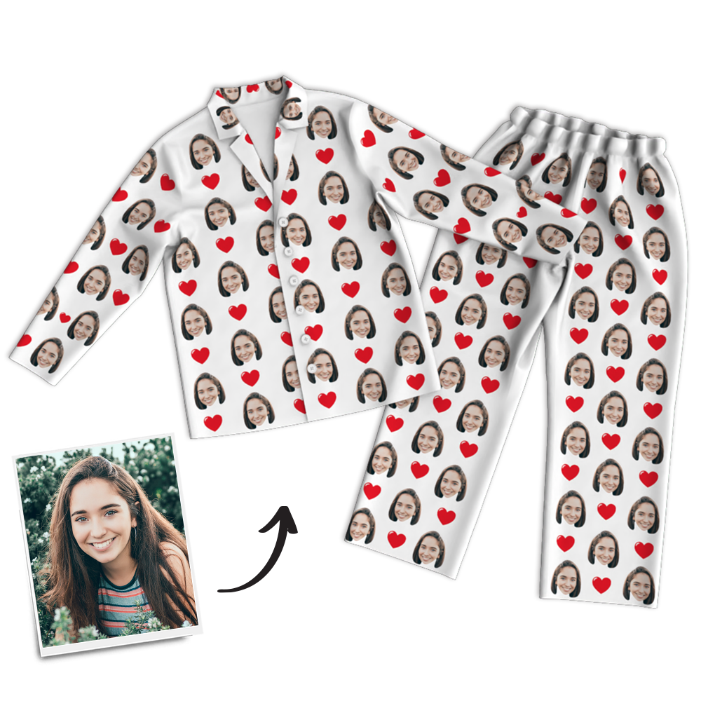 Mother's Day Gifts Custom Photo Long Sleeve Pajamas, Sleepwear, Nightwear, Lounge Wear - Heart