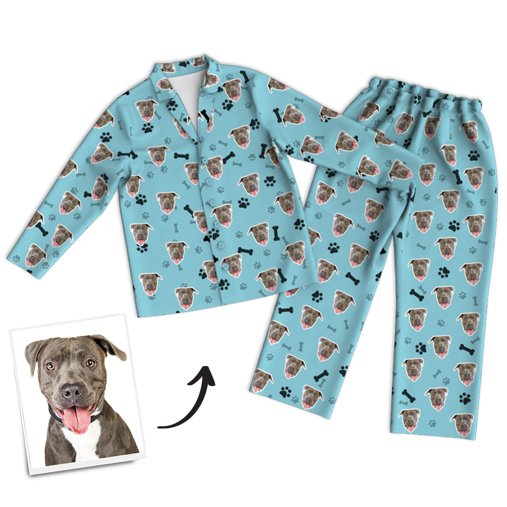 Custom Dog Photo Long Sleeve Pajamas, Sleepwear, Nightwear, Lounge Wear - Bone