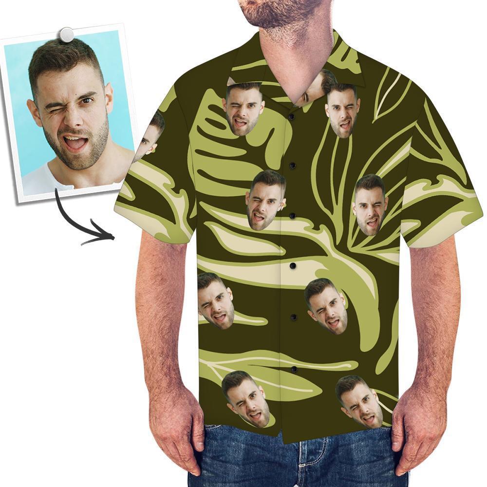 Custom Face Hawaiian Shirt Dark Green Leaves