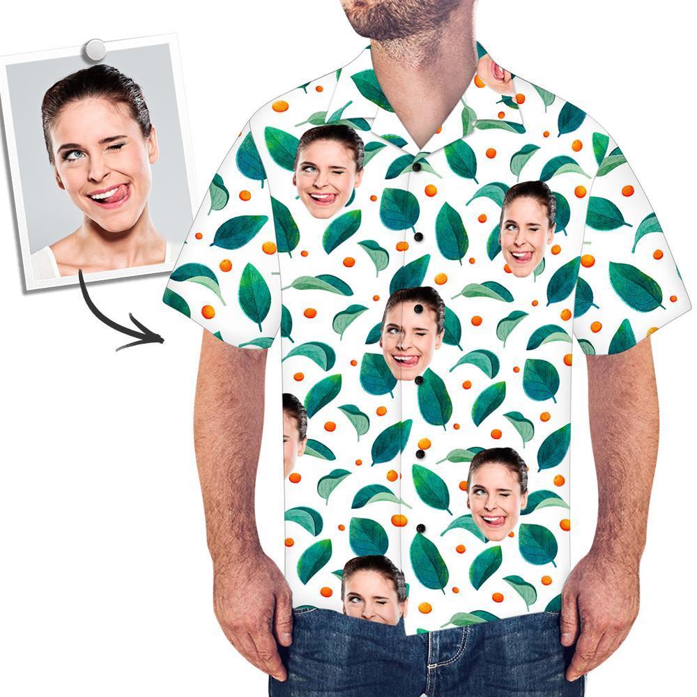Custom Face Hawaiian Shirt All Over Print Green Leaves
