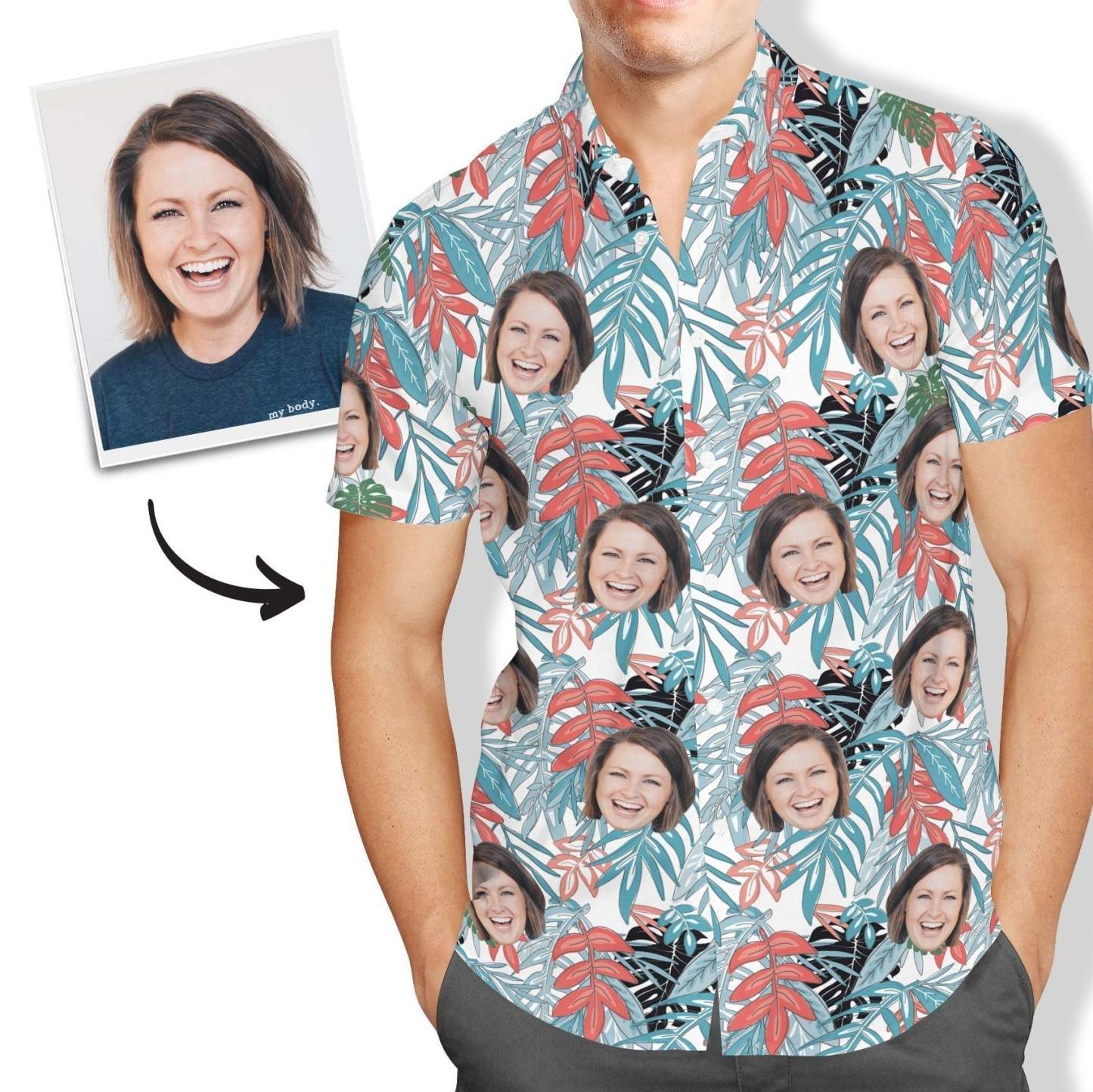 Custom Face Hawaiian Shirt Men's All Over Print Leaves - yourphotoblanket