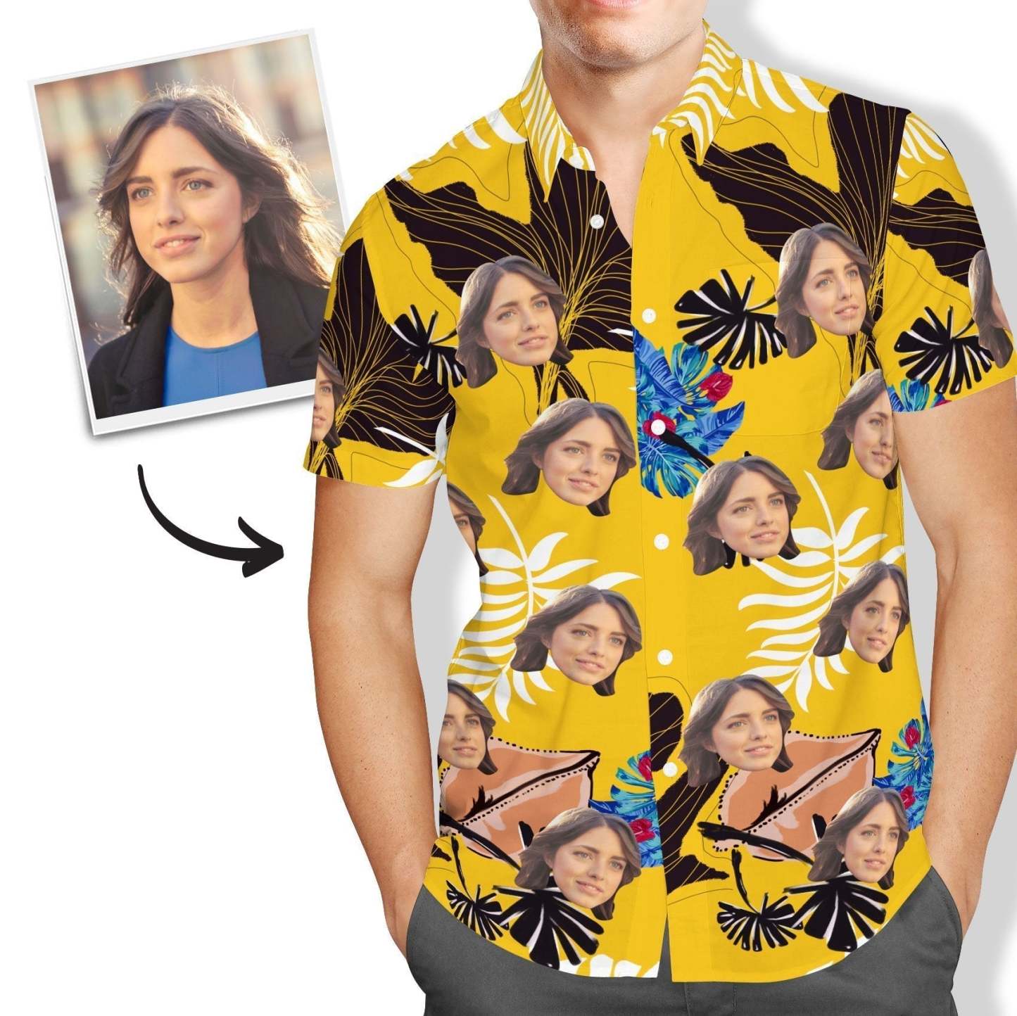 Custom Face Yellow Hawaiian Shirt Mens All Over Print - yourphotoblanket