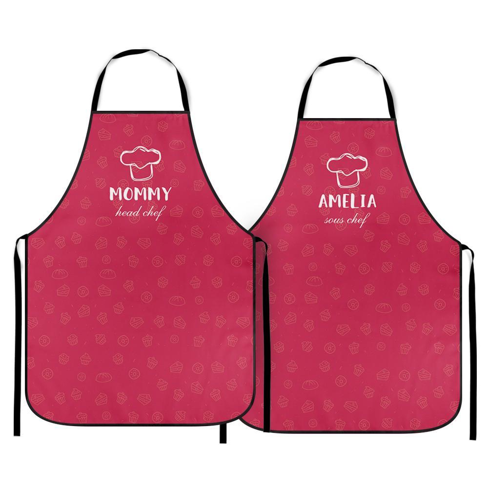 Custom Kitchen Cooking Apron with Name of Mother and Child Respectively Pack of 2