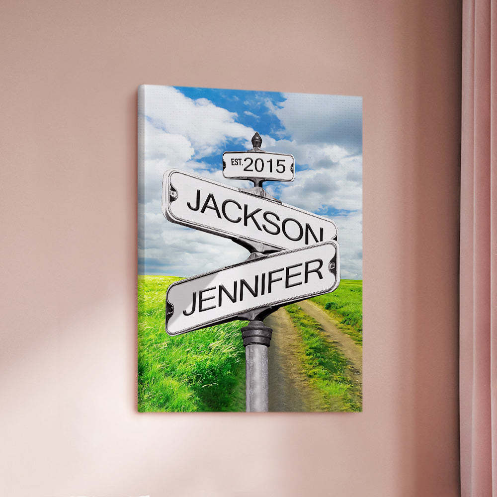 Green Grass Personalized Name Street Sign Canvas With DIY Frame Crossroad Art Canvas Painting Valentine Gifts - Yourphotoblanket