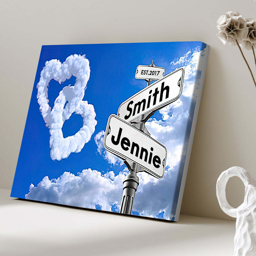 Heart Shaped Clouds Sky Personalized Name Street Sign Canvas With DIY Frame Crossroad Art Canvas Painting Valentine Gifts - Yourphotoblanket
