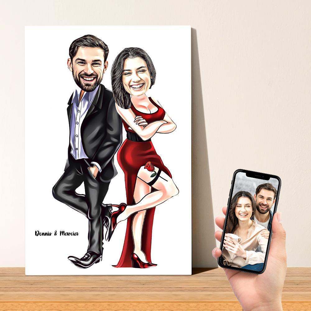 Personalized Portrait Caricature Couple Photo Painting Canvas Custom Text Wall Art Canvas Print Anniversary Gift for Her
