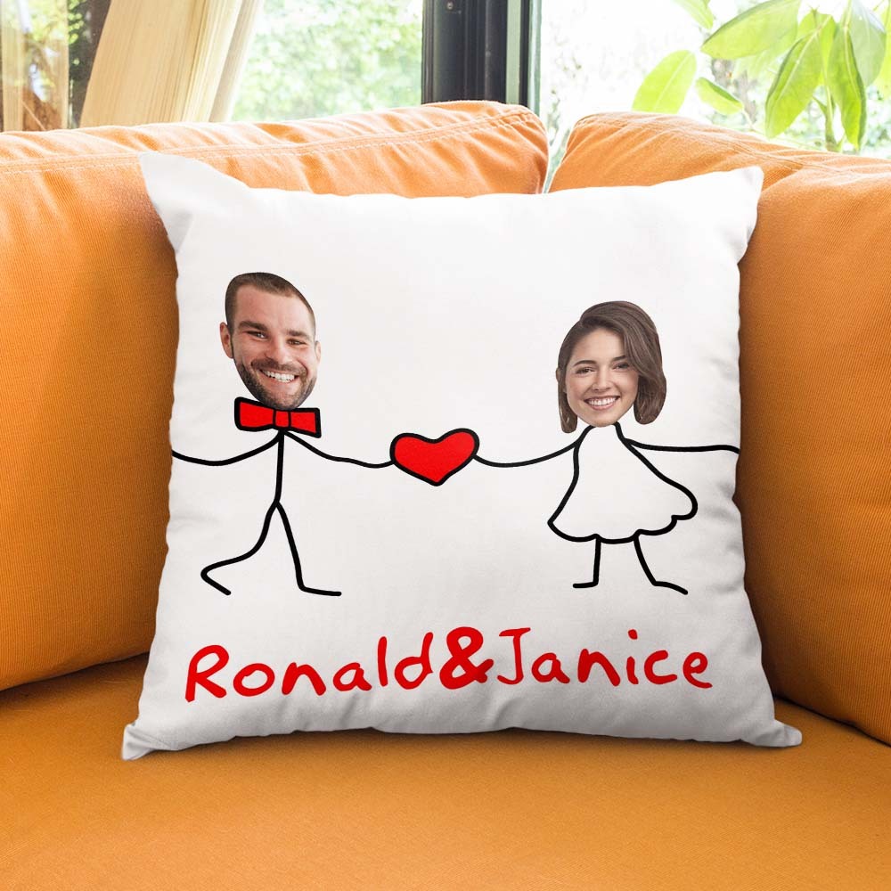 Custom Matchmaker Face Pillow Holding Hands with Love Personalized Couple Photo and Text Throw Pillow Valentine's Day Gift - Yourphotoblanket