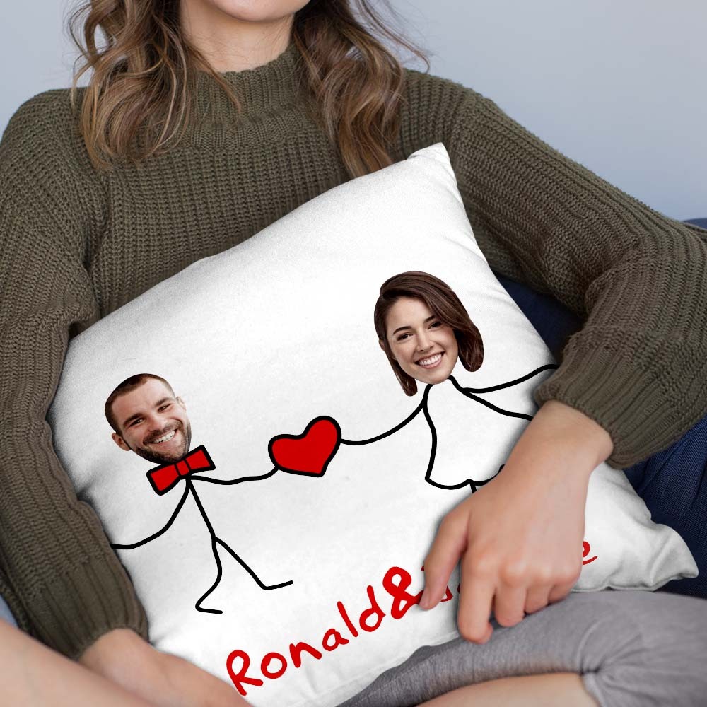 Custom Matchmaker Face Pillow Holding Hands with Love Personalized Couple Photo and Text Throw Pillow Valentine's Day Gift - Yourphotoblanket