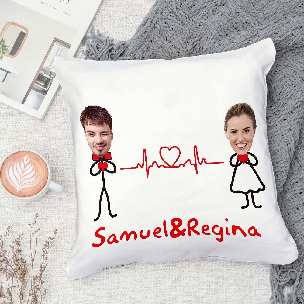 Custom Matchmaker Face Pillow ECG Love Personalized Couple Photo and Text Throw Pillow Valentine's Day Gift - Yourphotoblanket