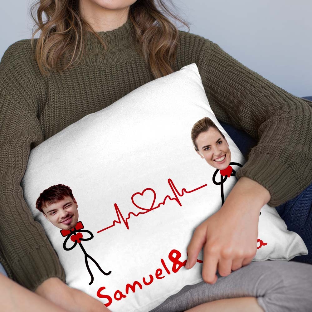 Custom Matchmaker Face Pillow ECG Love Personalized Couple Photo and Text Throw Pillow Valentine's Day Gift - Yourphotoblanket