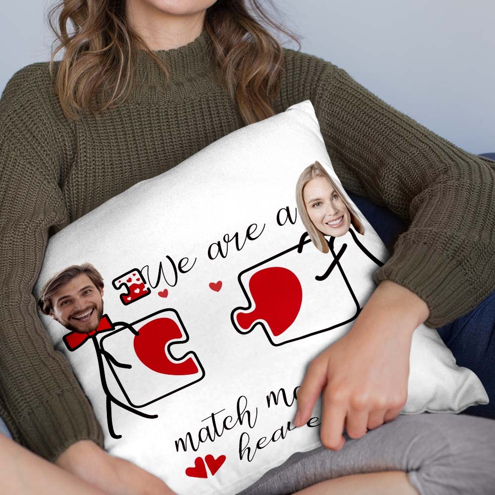 Custom Matchmaker Face Pillow Heartbeat Puzzle Personalized Couple Photo Throw Pillow Valentine's Day Gift - Yourphotoblanket