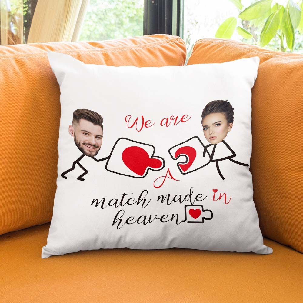 Custom Matchmaker Face Pillow Heartbeat Puzzle Personalized Couple Photo Throw Pillow Valentine's Day Gift - Yourphotoblanket