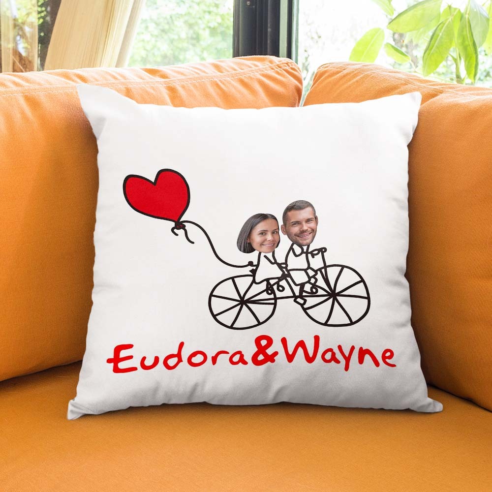 Custom Matchmaker Face Pillow Love Bike Personalized Couple Photo and Text Throw Pillow Valentine's Day Gift - Yourphotoblanket