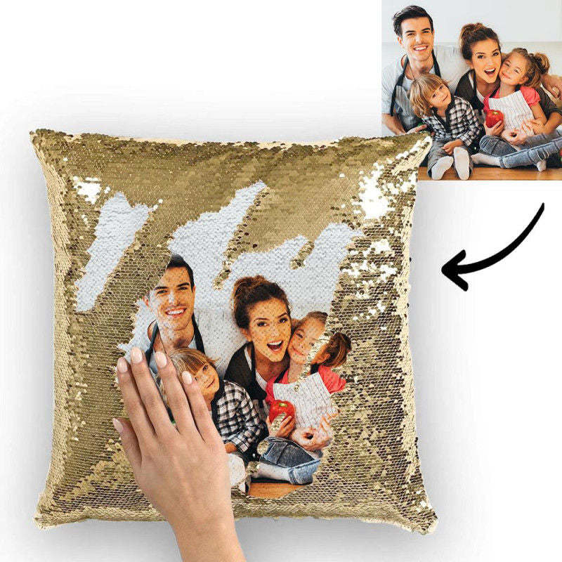 Custom Sequin Pillow Photo Magic Sequins Pillowcase Gift For Family Golden Color Sequin Cushion Best Gifts 15.75" * 15.75"