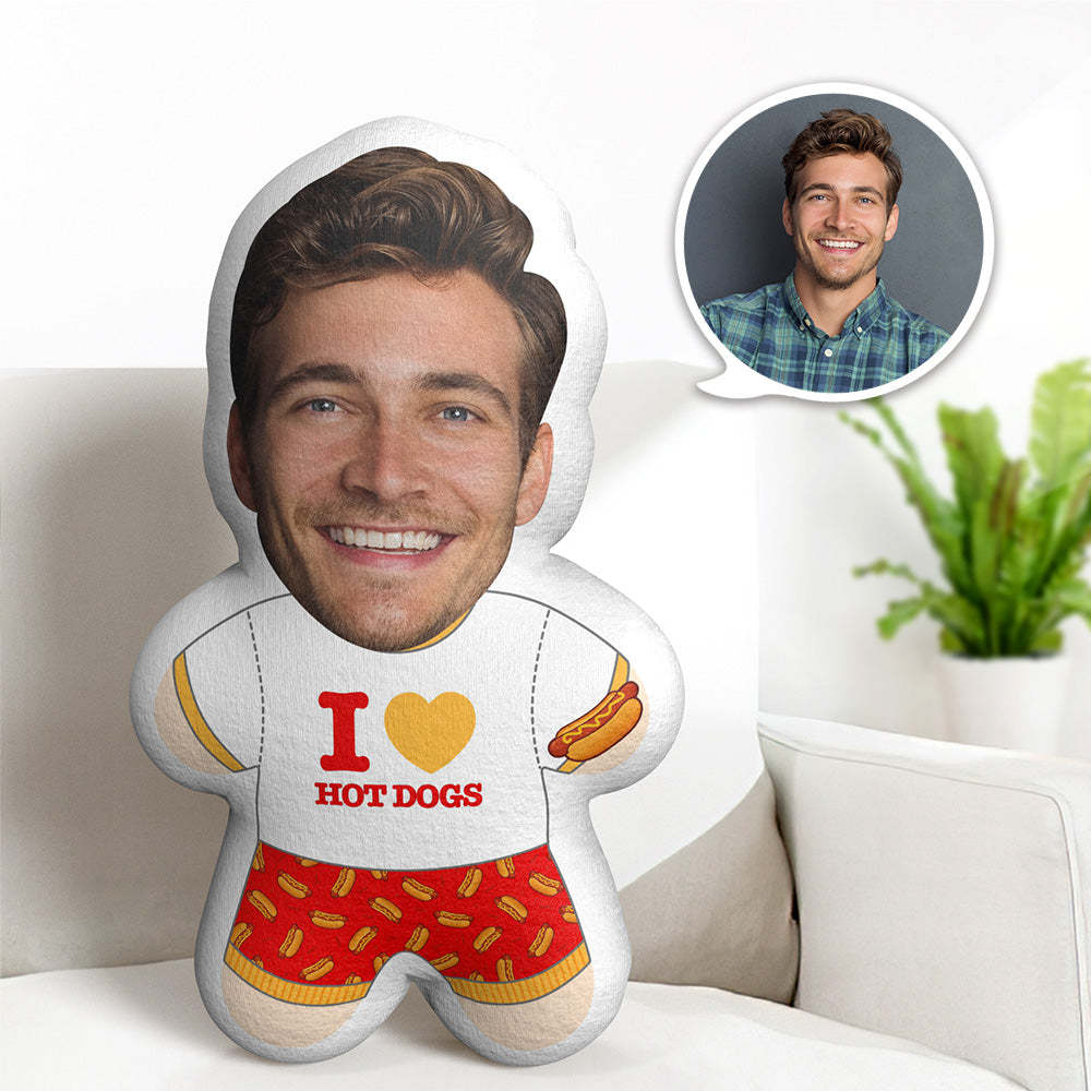 Personalized Face Minime Teddy Pillow I Love Hotdogs Custom Photo Minime Doll - Yourphotoblanket