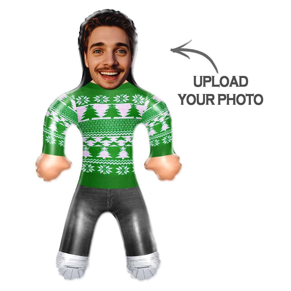 Custom Face Blow Up Doll In Green Christmas Jumper Air Minime Doll Funny Inflatable Christmas Gift - yourphotoblanketuk