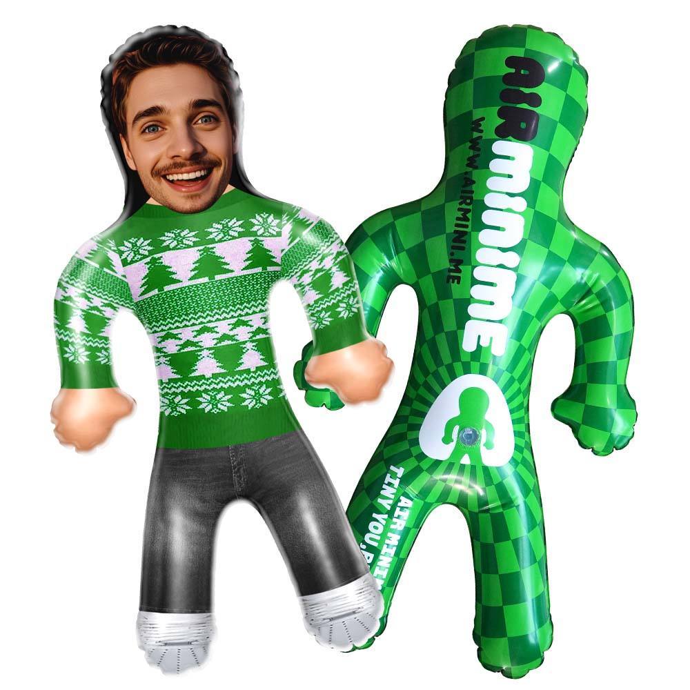 Custom Face Blow Up Doll In Green Christmas Jumper Air Minime Doll Funny Inflatable Christmas Gift - yourphotoblanketuk