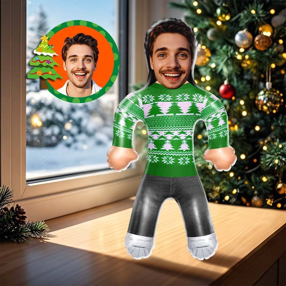 Custom Face Blow Up Doll In Green Christmas Jumper Air Minime Doll Funny Inflatable Christmas Gift - yourphotoblanketuk
