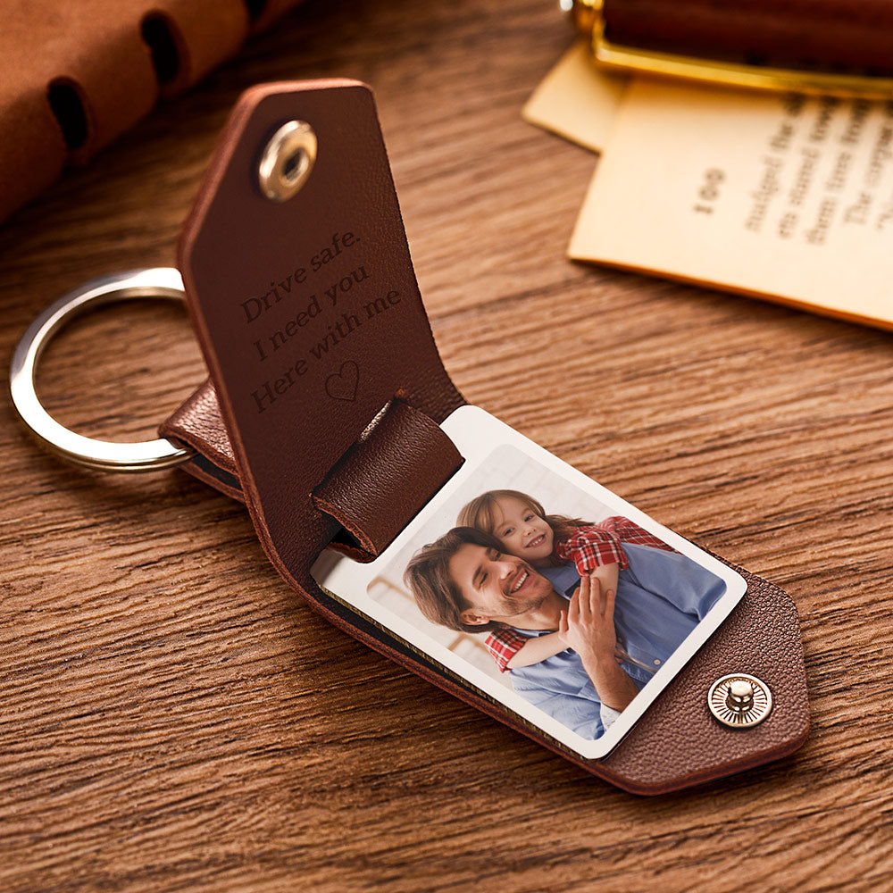 Father's Day Gifts Custom Leather Photo Text Keychain