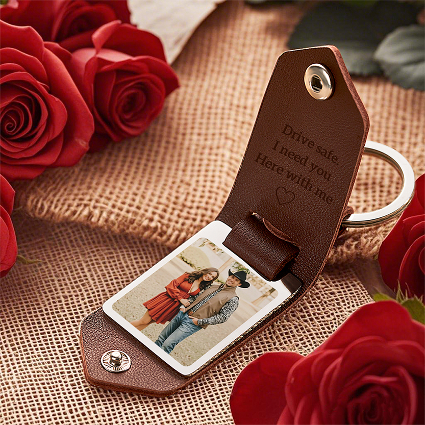 Custom Leather Photo Text Keychain Anniversary Gift For Couple Valentine's Day Gifts - yourphotoblanketuk