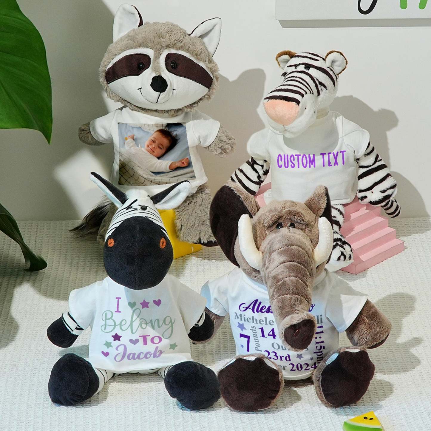 Personalized Animal Plush Stuffed Toy Birth Announcement Gift for Baby Shower - yourphotoblanketuk