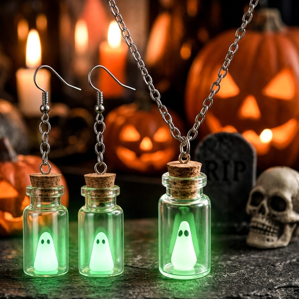 Leuchtender Flaschenschmuck In Geisterform – Halloween-Ohrringe & -Halskette, Niedlicher Mini-Glas-Geisteranhänger - dephotoblanket