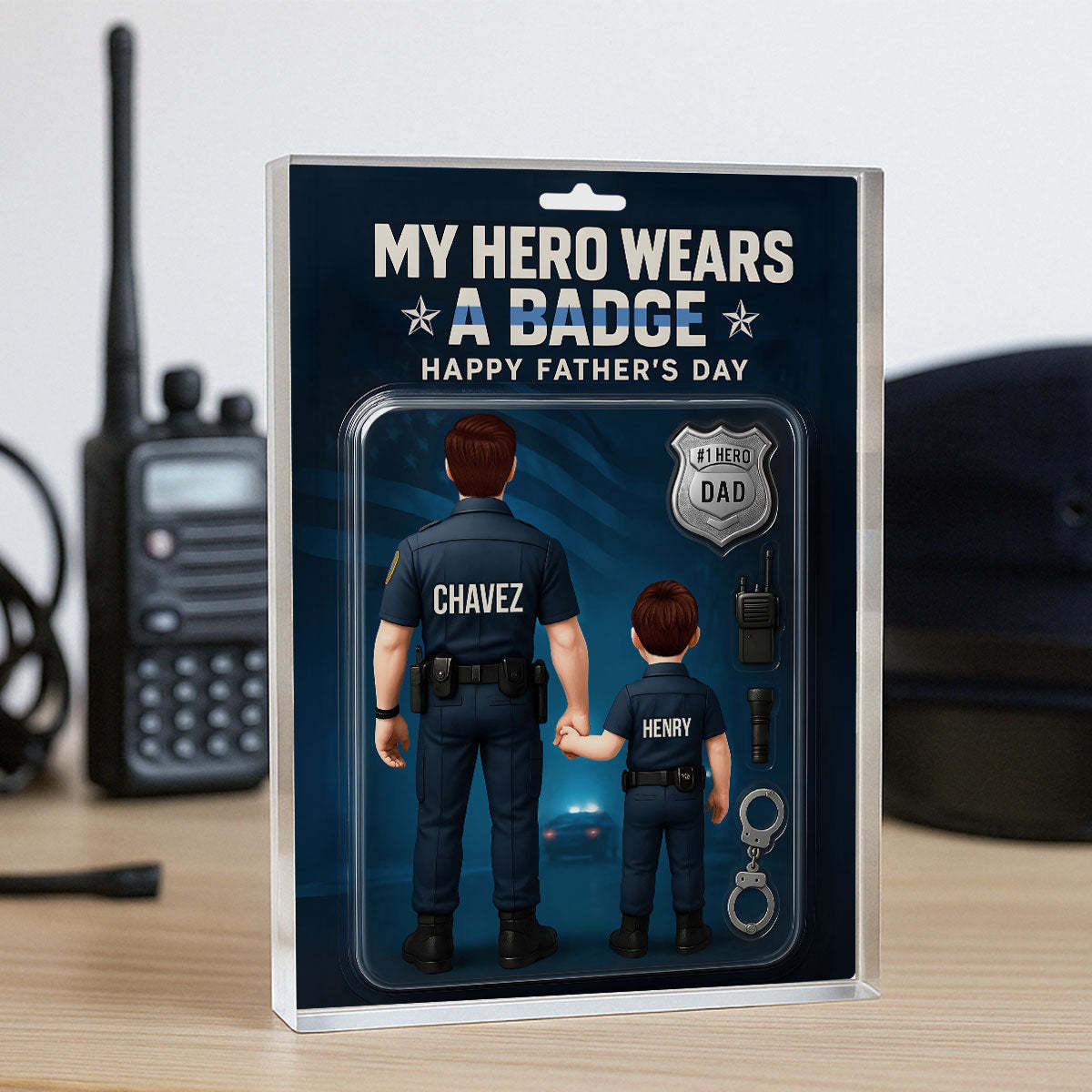 Mein Held Trägt Ein Abzeichen – Polizei-papa, Personalisierte Figur, Acrylblock-plakette, Vatertagsgeschenk Für Papa Oder Ehemann - dephotoblanket